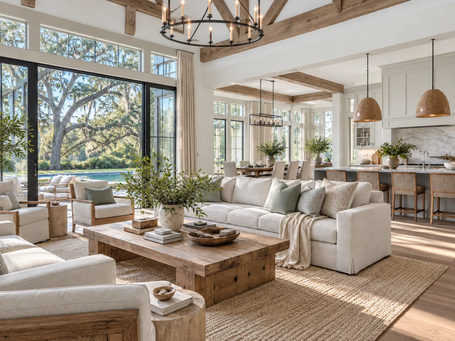 A bright open living room with timber beams, white sofas and a kitchen beyond.