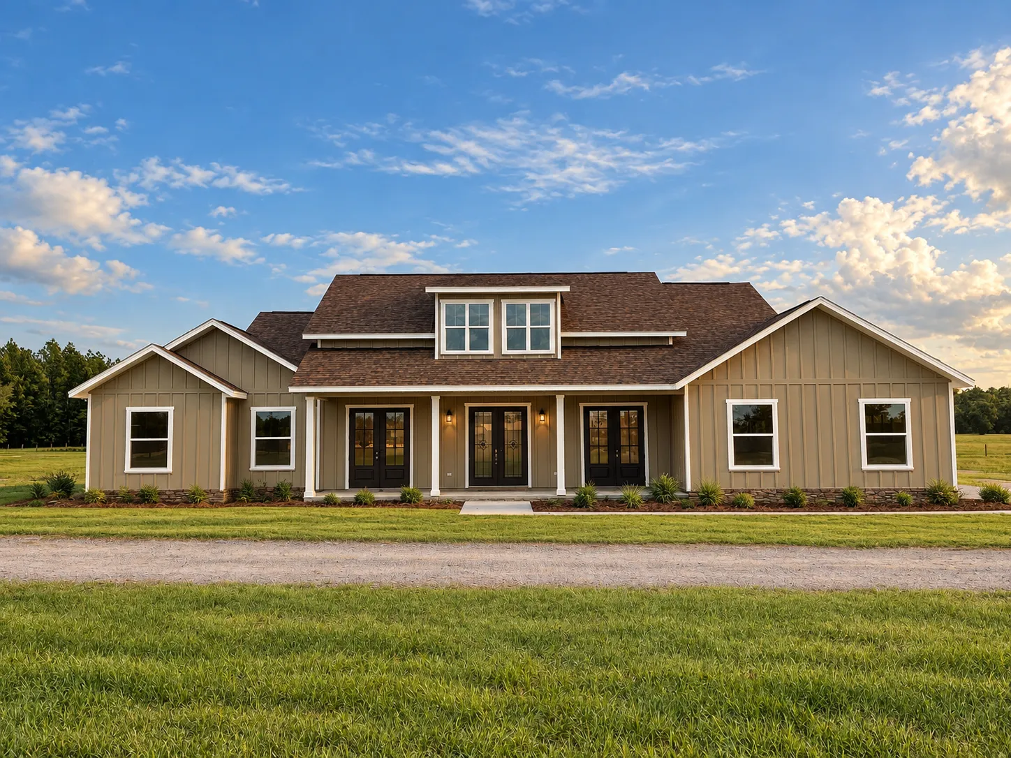 A two story home with a brown roof, front porch, dormer windows and a green lawn.