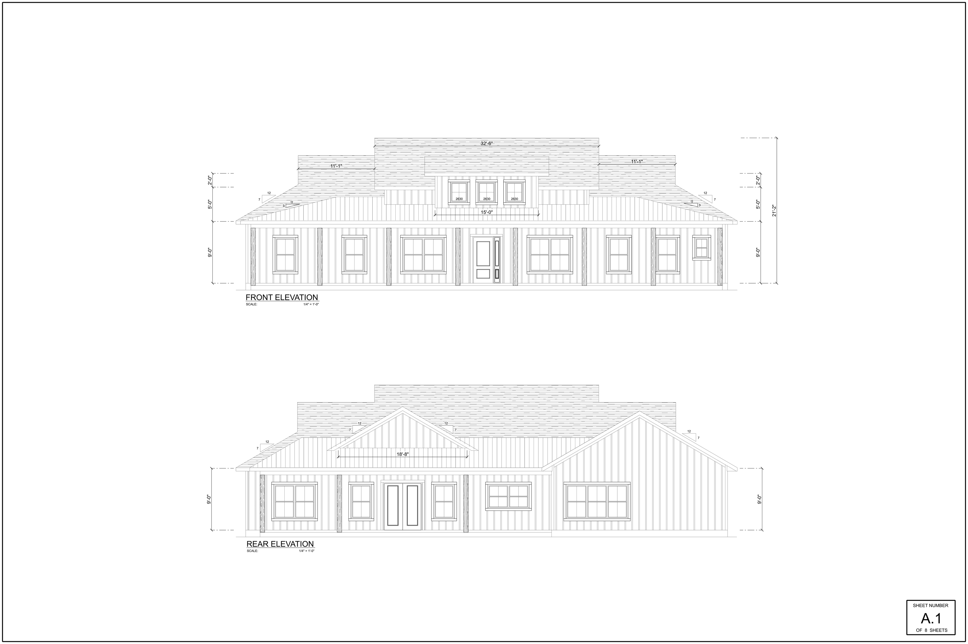 Front and rear elevation drawings of a 3 bedroom home, 1,881 sqft.