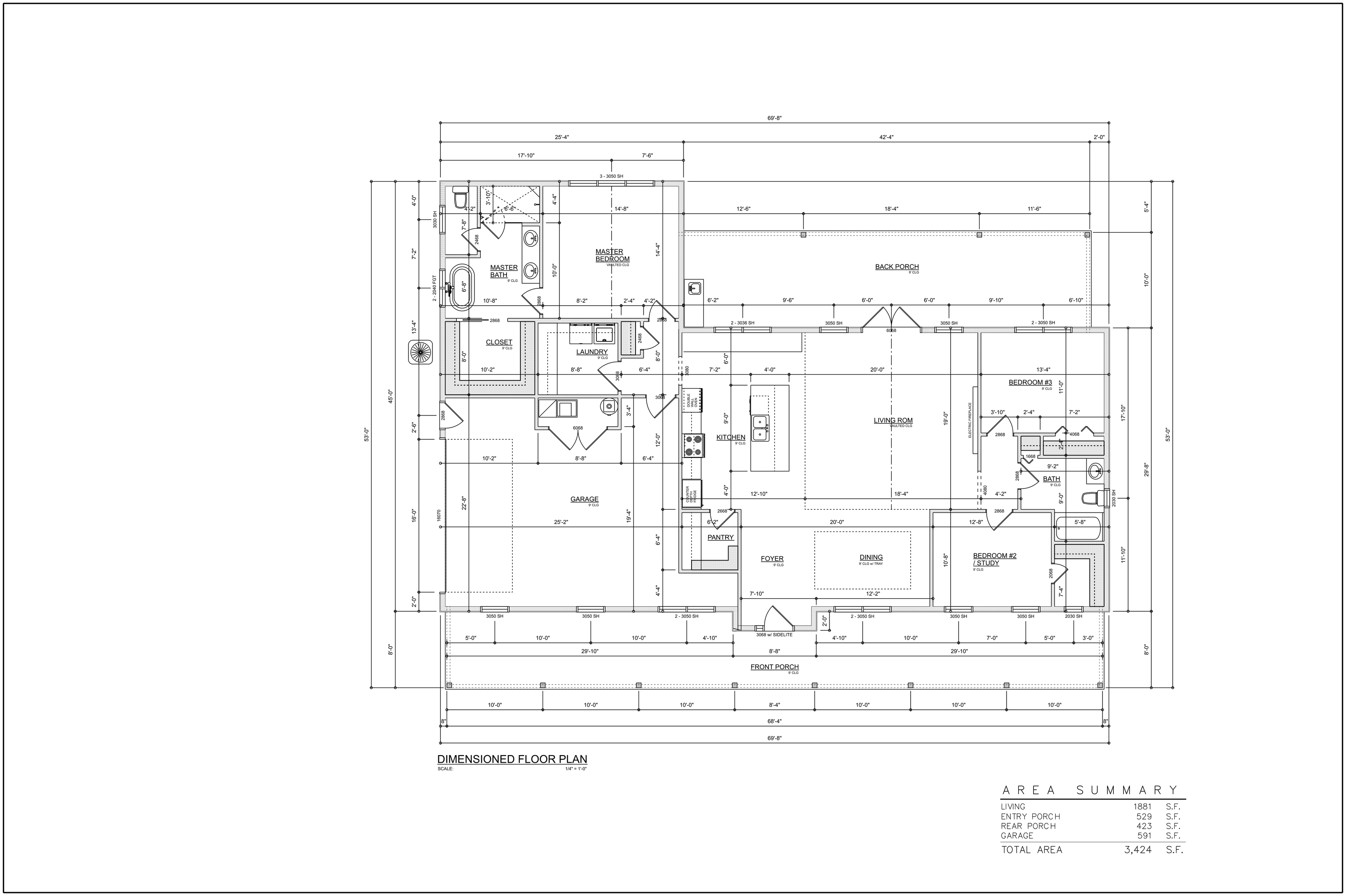 Floor plan of a 3 bedroom home, 1,881 sqft.